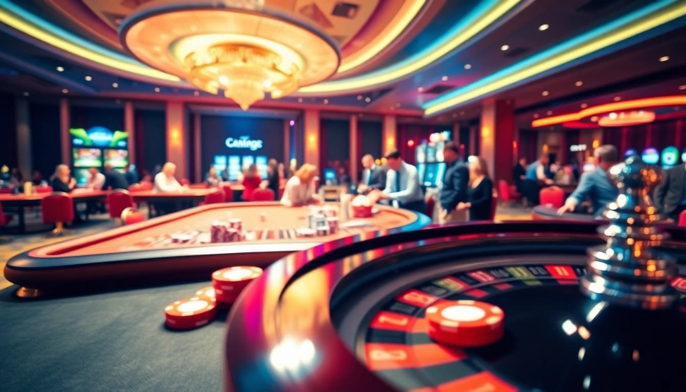 Permainan spvtoto di kasino yang ramai dengan meja roulette dan chip cerah.
