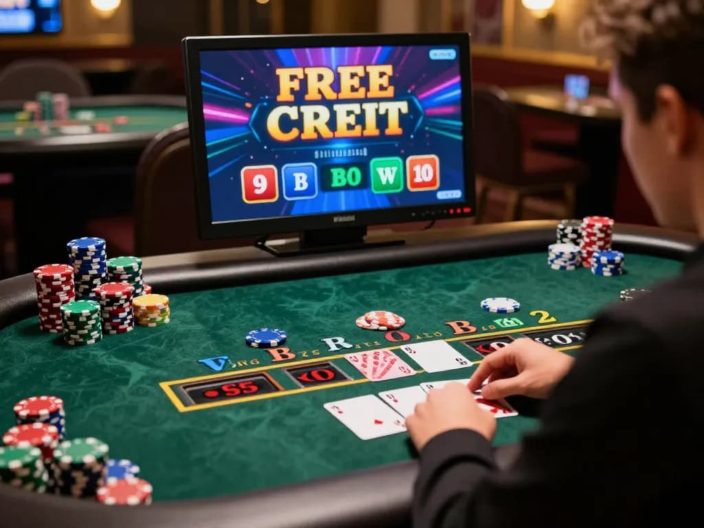 Engaging player enjoying free credit baccarat online with colorful gaming setup and cards.