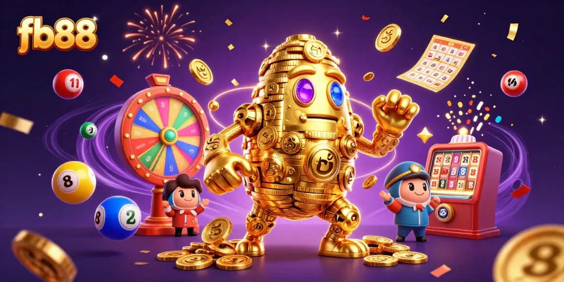 Engage with fb88's thrilling 3D cartoon casino experience featuring a golden golem and vibrant games.