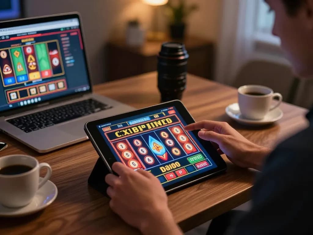 Memainkan slot gacor aman788 di tablet, menampilkan pengaturan kasino online yang dinamis di kantor rumah.