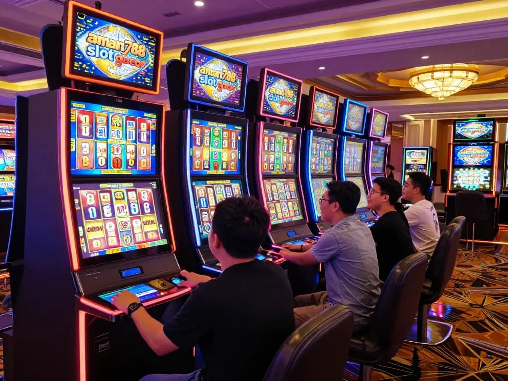 Pemain merayakan di dekat mesin slot berwarna-warni yang menampilkan kegembiraan permainan aman788 slot gacor.