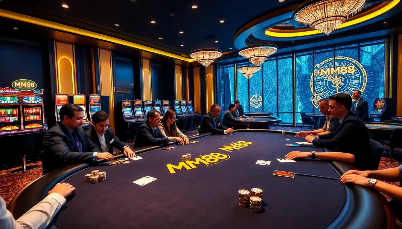 Experience thrilling gaming action at MM88's vibrant casino with players and exciting tables.