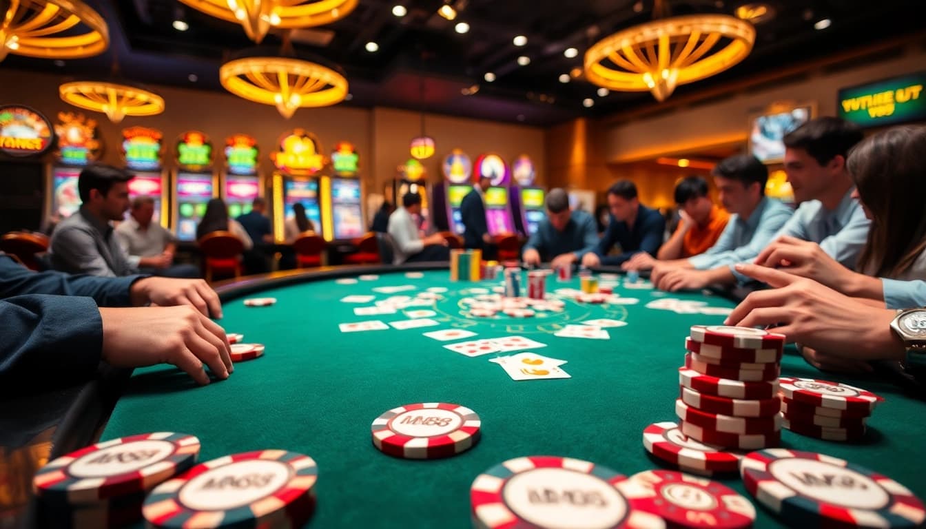 Engaging players at the MM88 casino table, showcasing vibrant chips and cards in exciting gameplay.