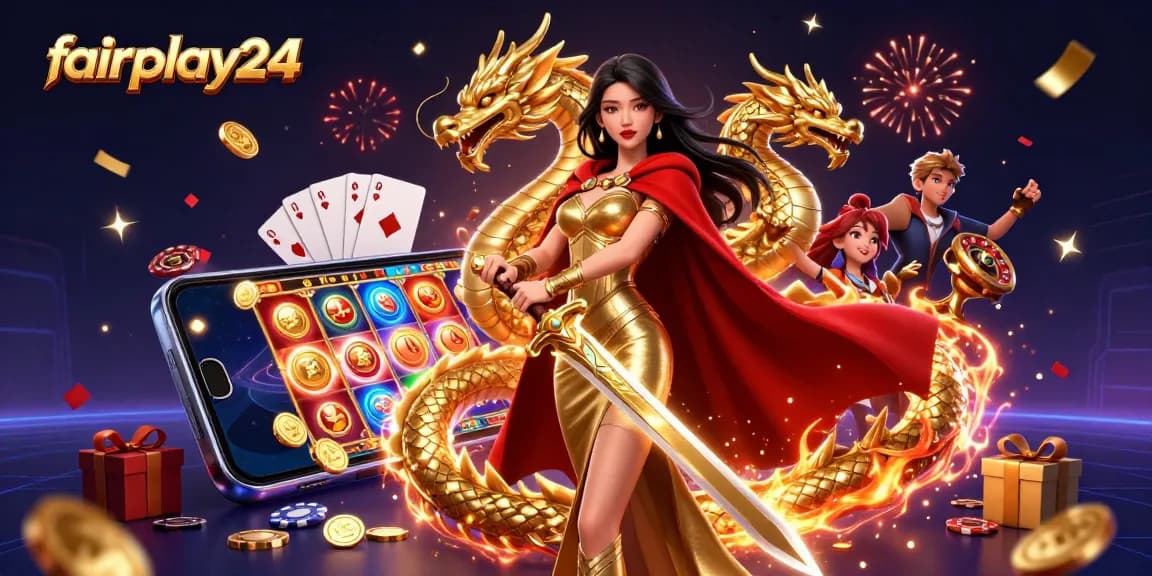 Win with fairplay24 in an explosive 3D casino scene featuring a warrior queen and golden dragon.