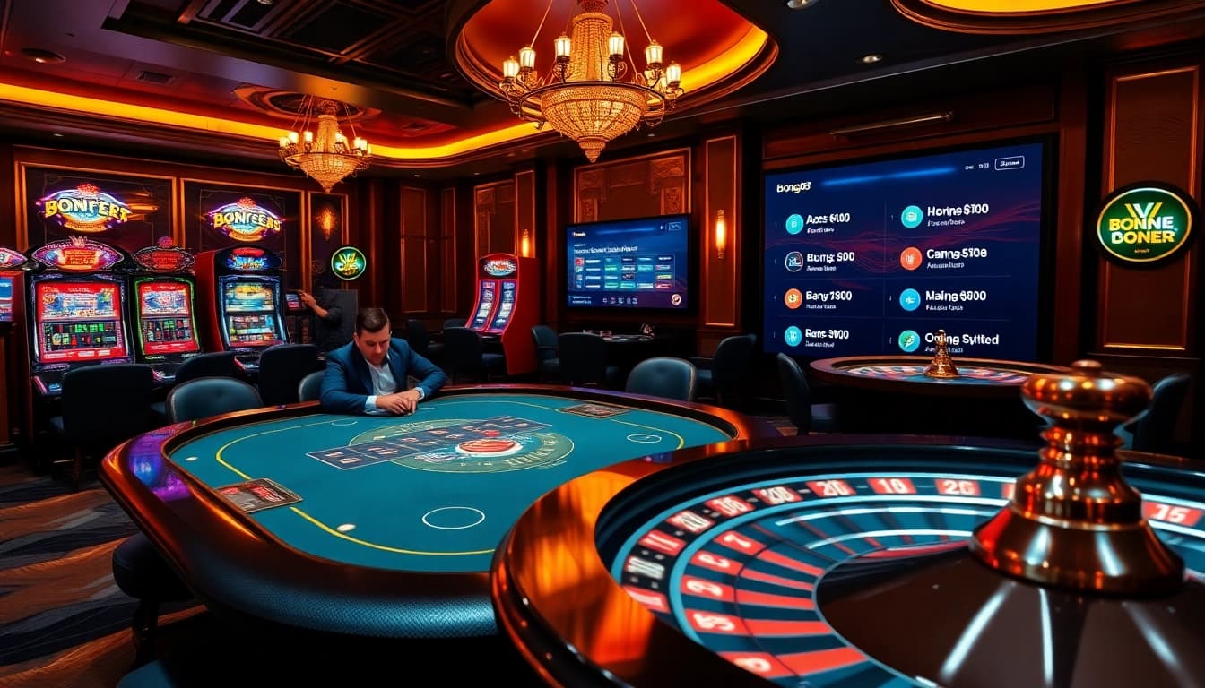 Bong88 players engaging in exciting casino games like poker, slots, and roulette in a vibrant setting.