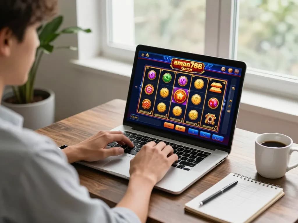 A person enjoying aman788 slot gacor gameplay on a laptop in a cozy home setting with notes and coffee.