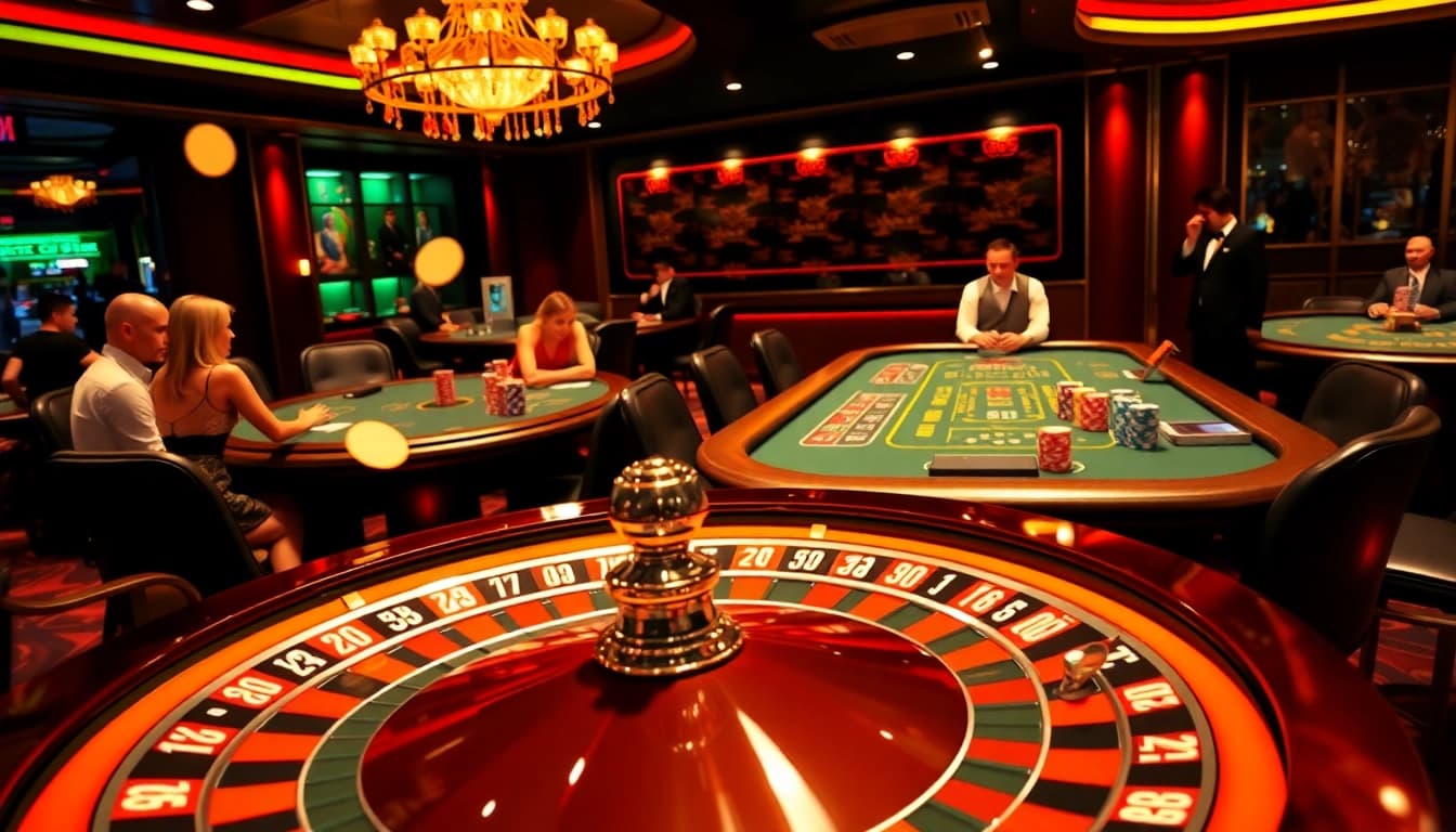 Experience thrilling moments at onew88.com with a captivating casino scene featuring roulette and poker tables.