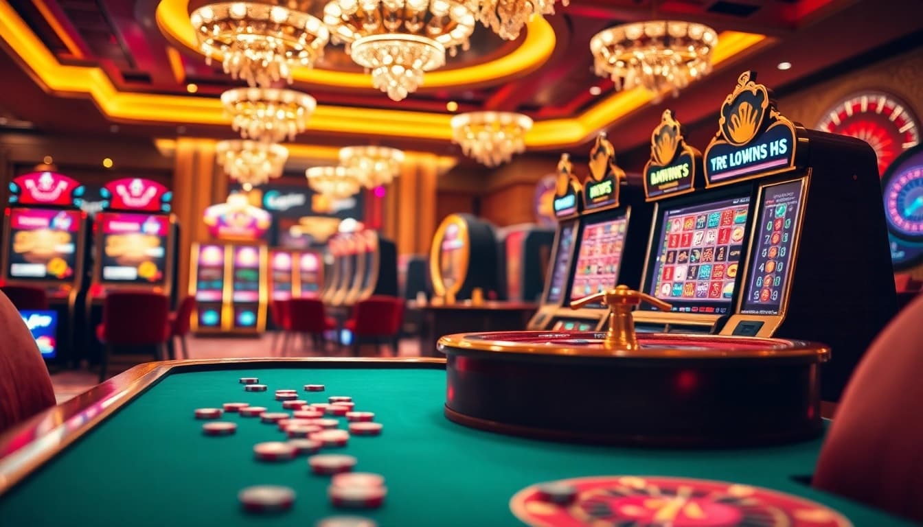 Engage in thrilling gaming action at kubet.com with vibrant online casino visuals featuring luxury slot machines and poker tables.