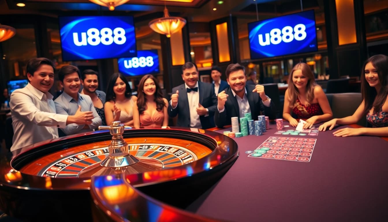 Players enjoying games at u888 casino with vibrant chips and a shining roulette wheel.