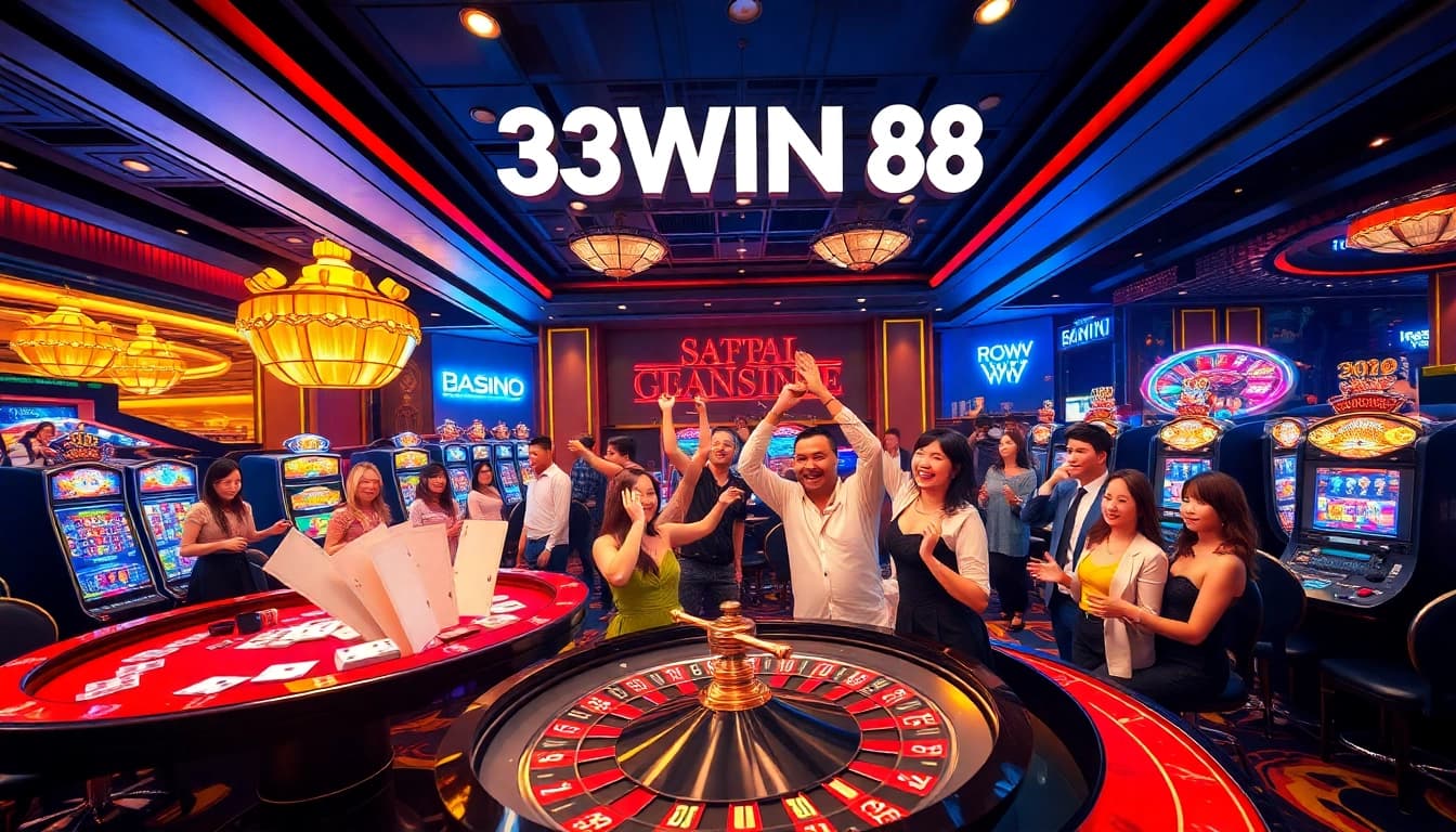 Excited players engaging in lively casino activities at 33WIN 68, showcasing vibrant tables and Slot machines.