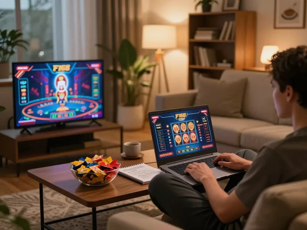 Player enjoying F168 online casino games on a cozy night in, showcasing a relaxing and engaging home gaming setup