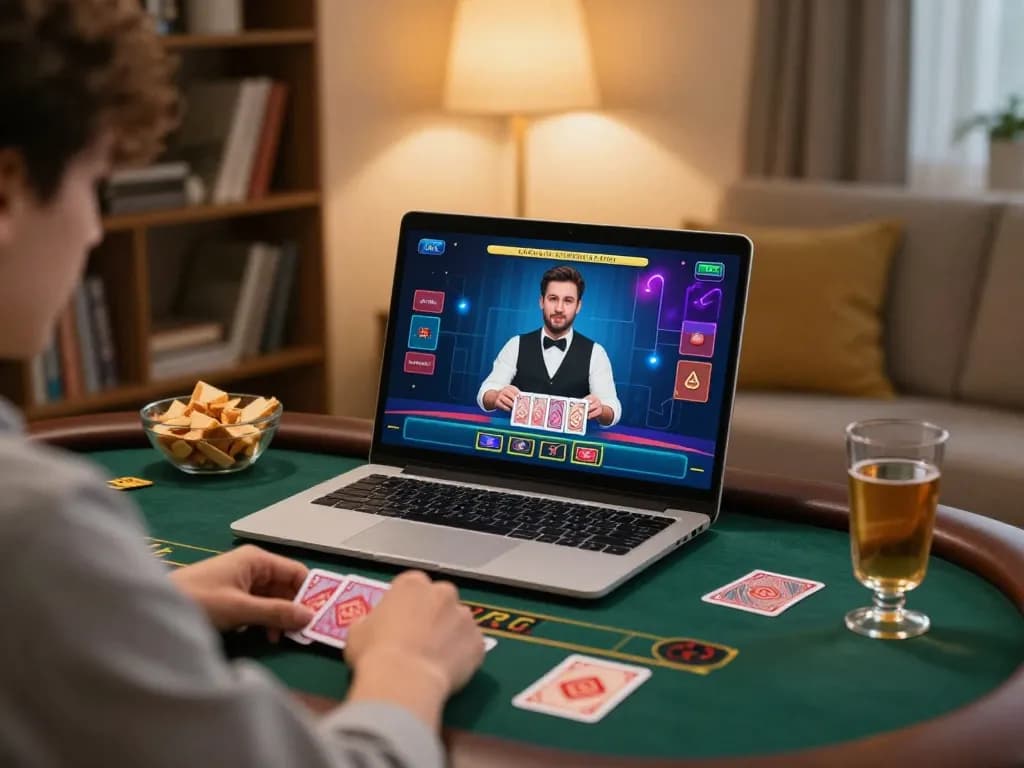Player enjoying live dealer game at Nhà cái KONG88 on their laptop, illustrating strategic online gambling.