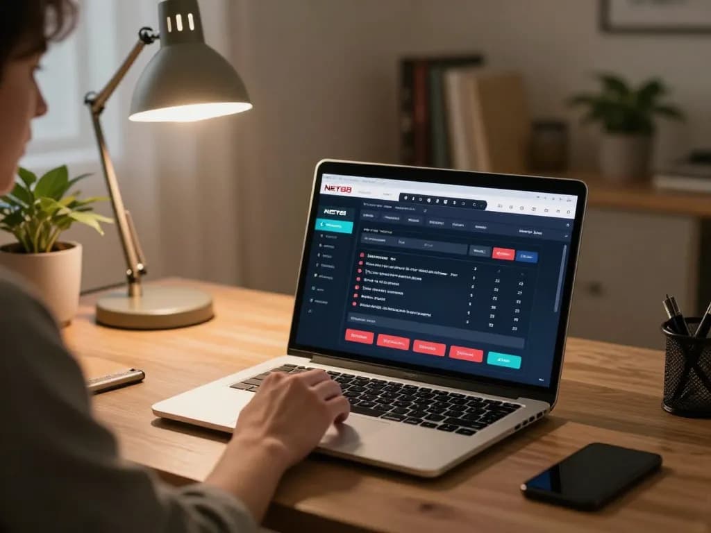 Engaging with NET88 online betting interface on a modern laptop in a cozy home office.