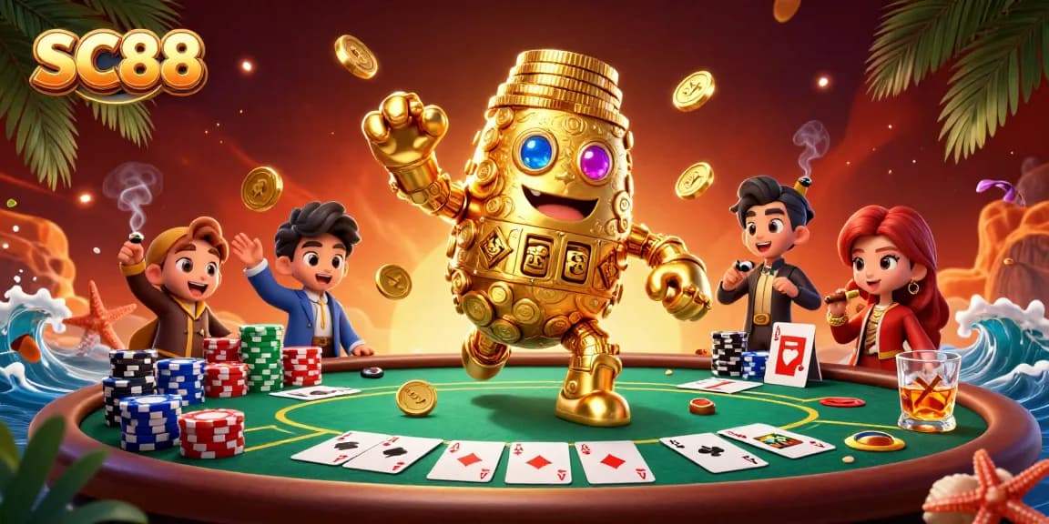 SC88 golem surrounded by poker chips and cards, creating a vibrant casino atmosphere.