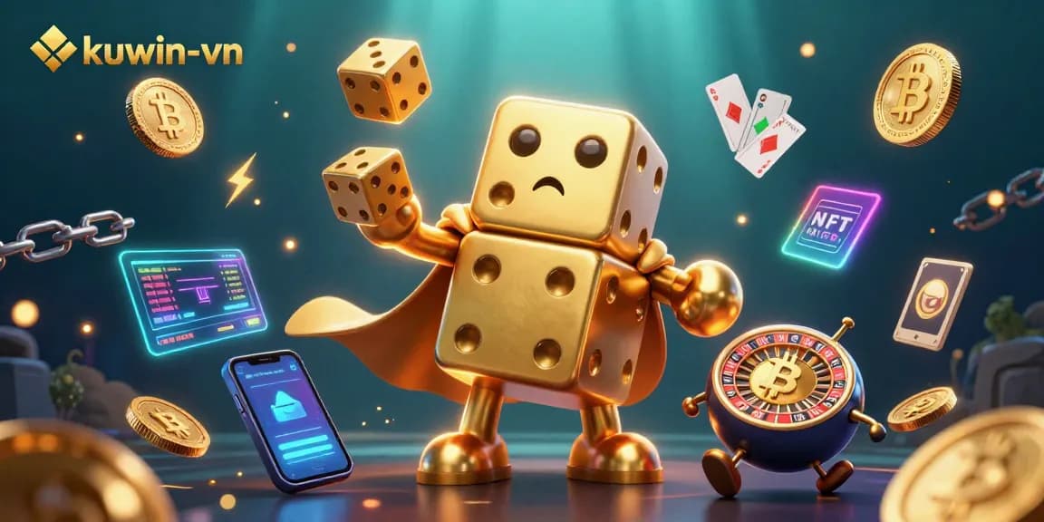 Win big with kuwin-vn in this vibrant 3D casino scene featuring a golden dice golem.