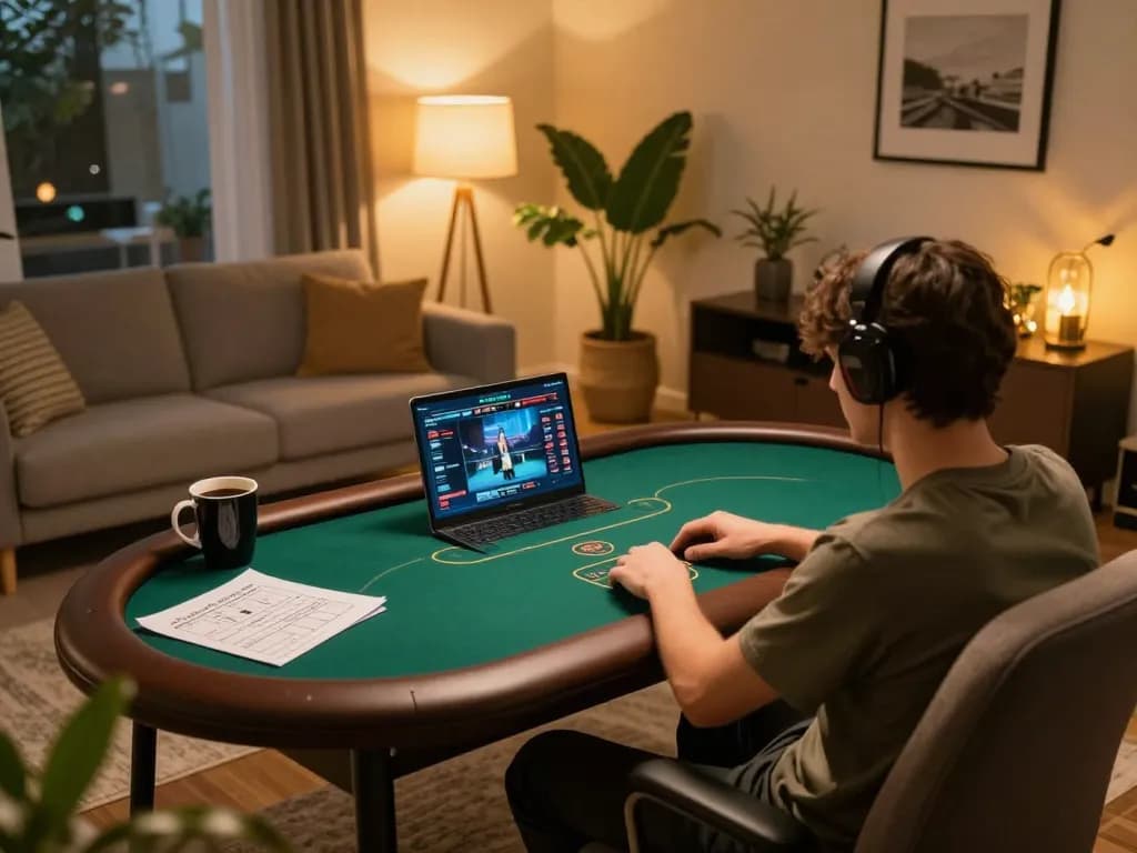 Playing poker online at dacsandatphanrang com from a cozy home setup with notes and strategies.