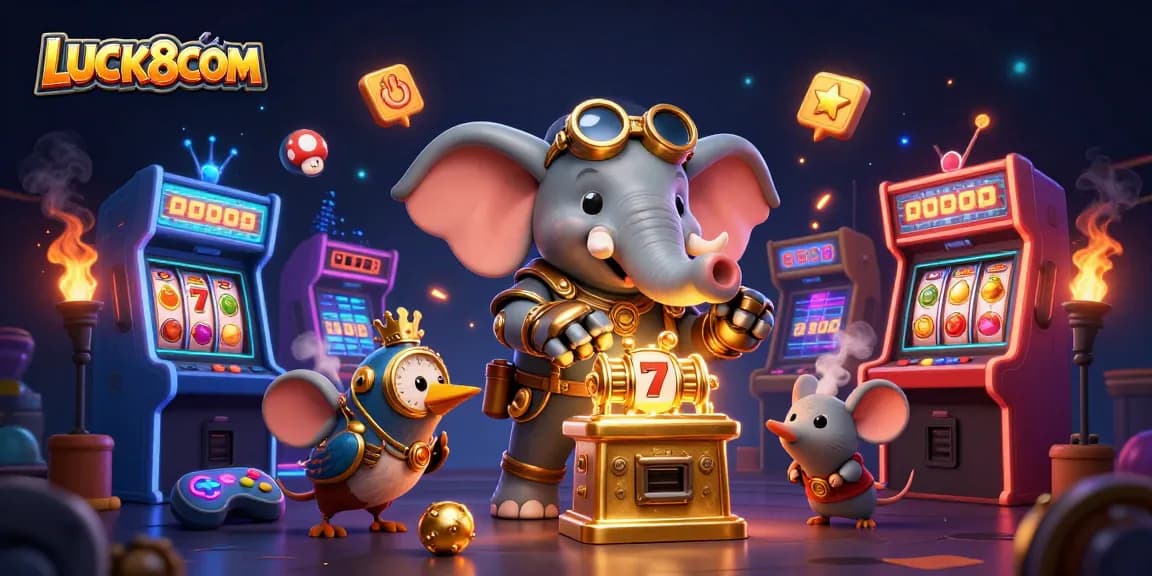 Engage with LUCK8COM's vibrant slot games featuring a steampunk elephant engineer and exciting arcade elements.