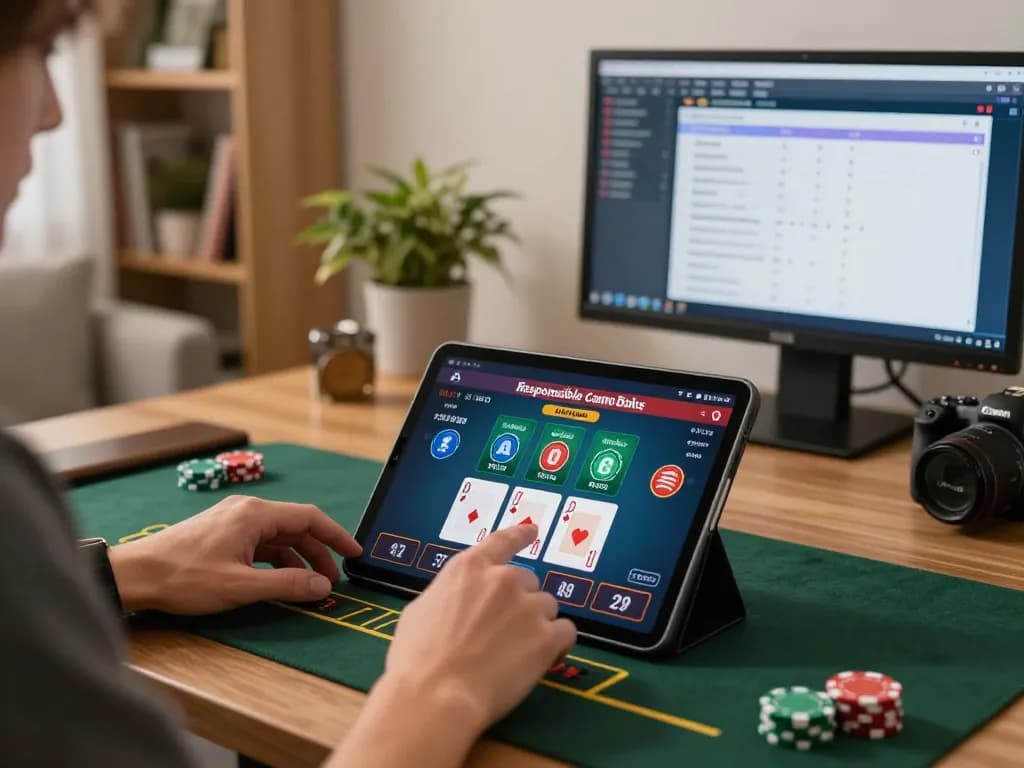 KO66 player focusing on blackjack strategy at home game setup with tablet and notes.