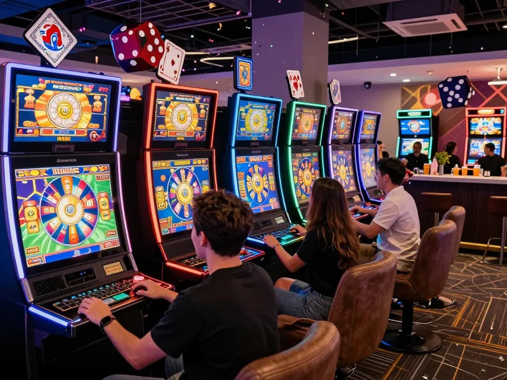 Rasakan keseruan slot demo di lingkungan kasino online yang hidup dengan pemain yang terlibat dalam permainan berwarna-warni.