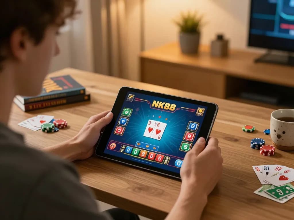 Navigating NK88 casino games on a tablet in a cozy home setup, highlighting online gambling experience