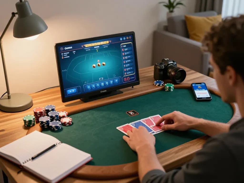 Engaged player analyzing poker strategy while using 789winf app on smartphone in a cozy home office.