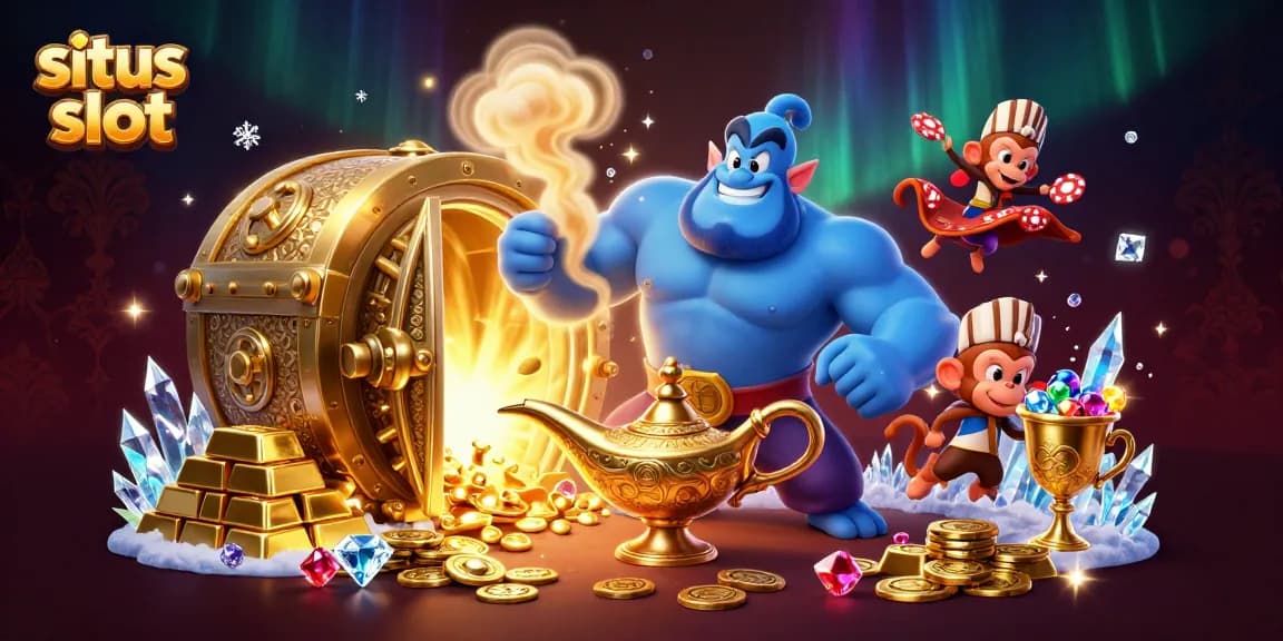 Memenangkan jackpot di situs slot dengan animasi lampu genie dan koin emas yang melimpah.