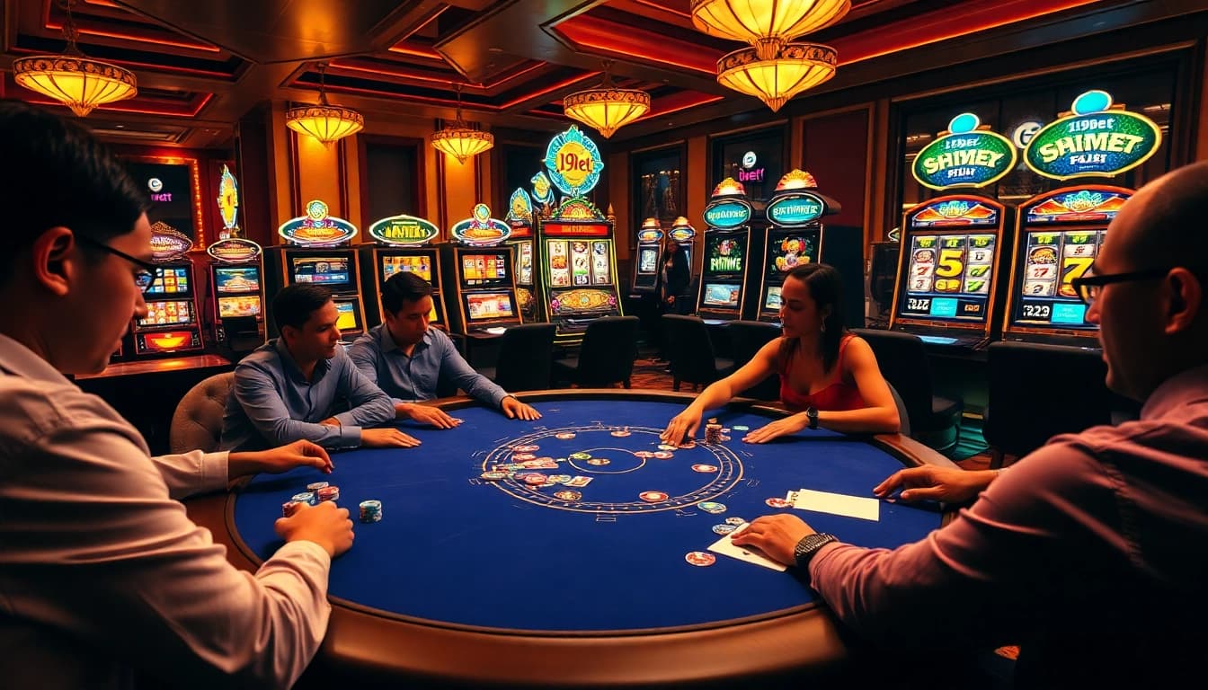 Experience the excitement of i9bet at a lively poker table surrounded by luxury gaming elements.