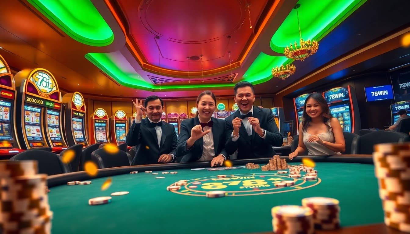 Excited players engage in casino fun at 78WIN, showcasing vibrant tables and thrilling gaming moments.
