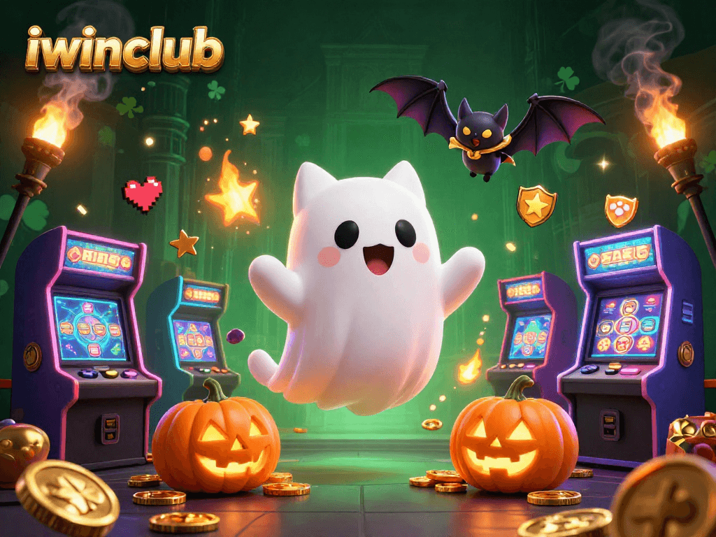 Engage with iwinclub's ghost cat and vampire bat in a vibrant casino illustration.