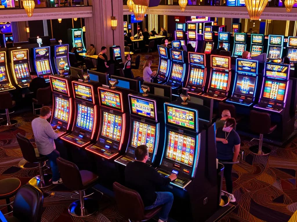 Players enjoying engaging slot machine gameplay at a lively casino floor