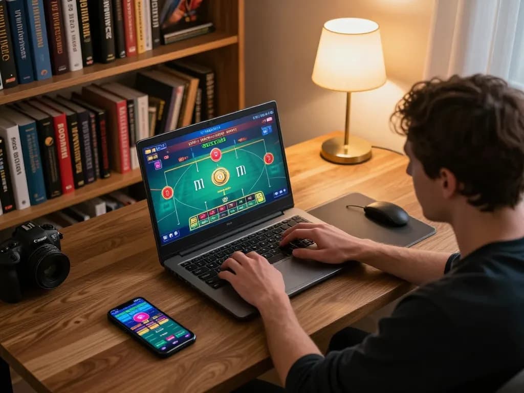Engaged player exploring 789club online casino on laptop, showcasing responsible gaming and strategy.