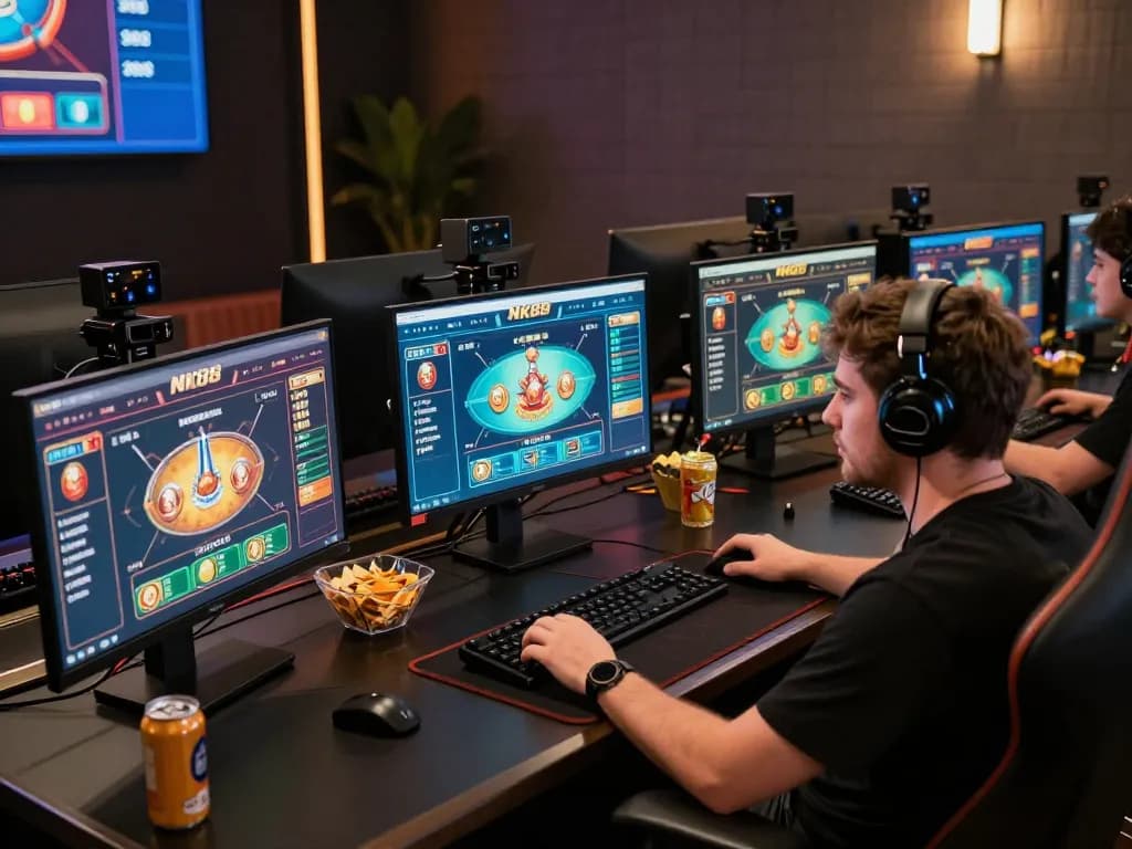 Engaged player strategizing on NK88 BET online gaming from multiple screens in a modern setup