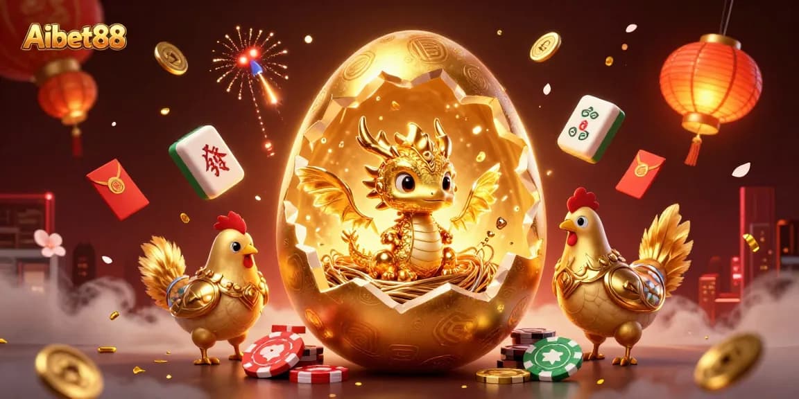 Aibet88's exciting 3D illustration featuring a golden dragon and poker chips amidst rich casino elements