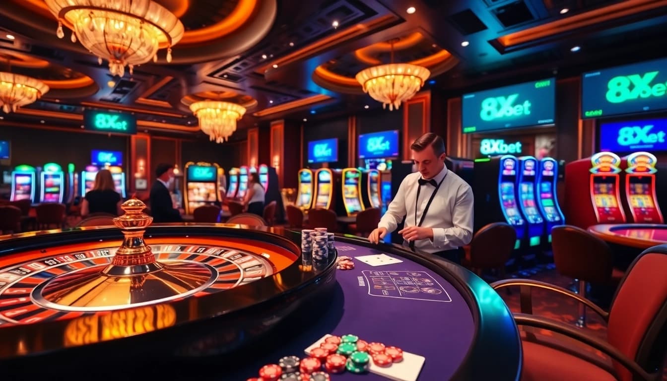 Exciting casino scene with 8Xbet branding on chips and betting slips.