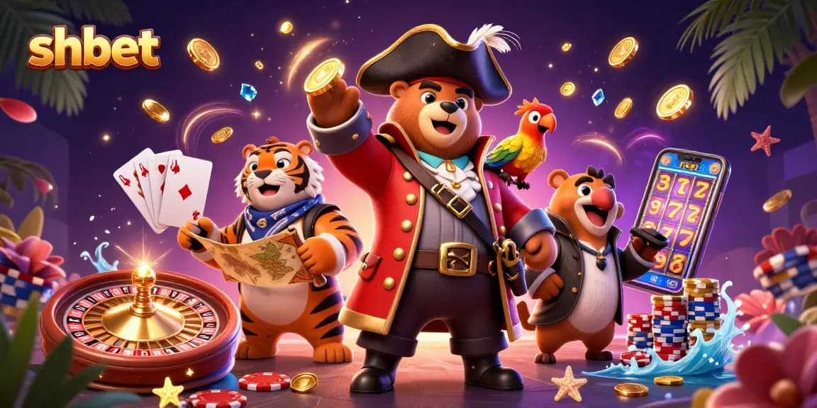 Engage with shbet's thrilling betting experience featuring a pirate Captain Bear and friends surrounded by casino elements.