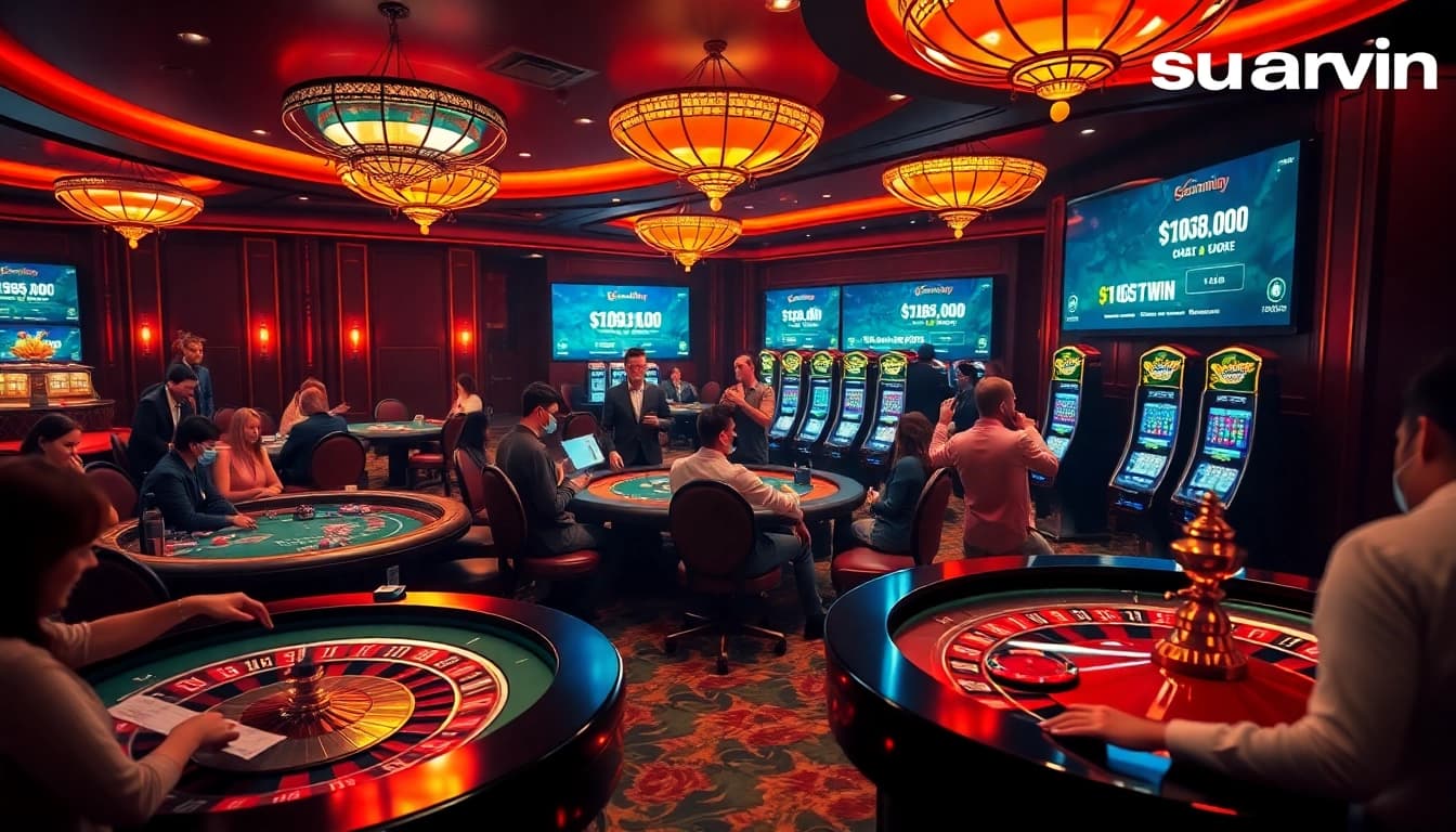 Players enjoying a thrilling game at Sunwin casino tables filled with excitement.