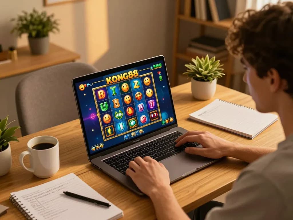 KONG88 player enjoying a thrilling slots session on a laptop, integrating strategy and comfort