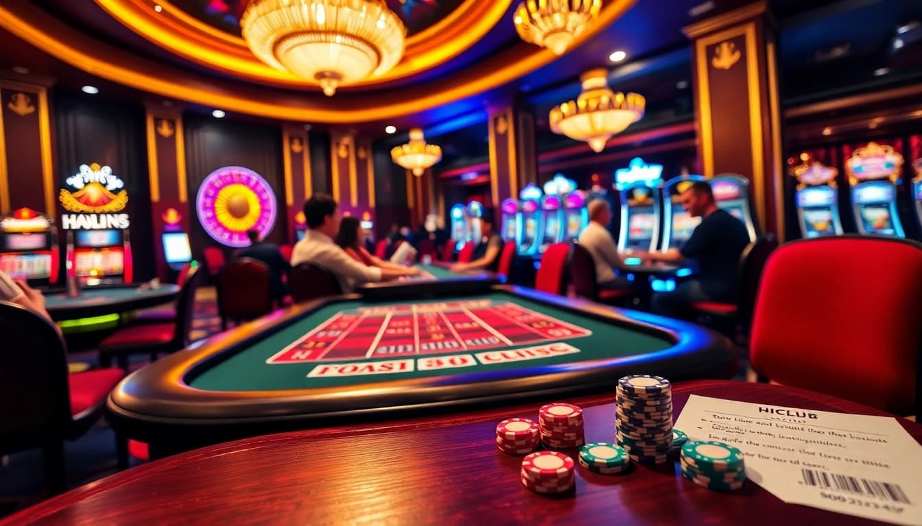 Experience the thrill of hitclub at a luxurious casino with vibrant poker tables and roulette wheels.
