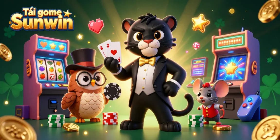 Tải game Sunwin in a vibrant 3D casino scene featuring a stylish panther dealer, owl with poker chips, and lucky mouse.