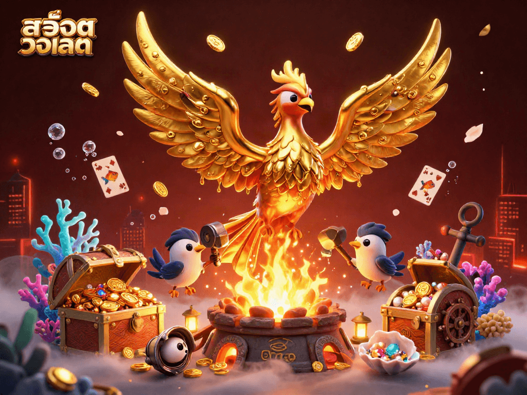 Experience the thrill of สล็อตวอเลท with dynamic 3D visuals showcasing a golden phoenix and treasure elements.