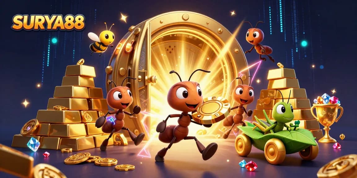 SURYA88 showcases a heist by ants using a golden poker chip in an exciting casino-themed illustration.