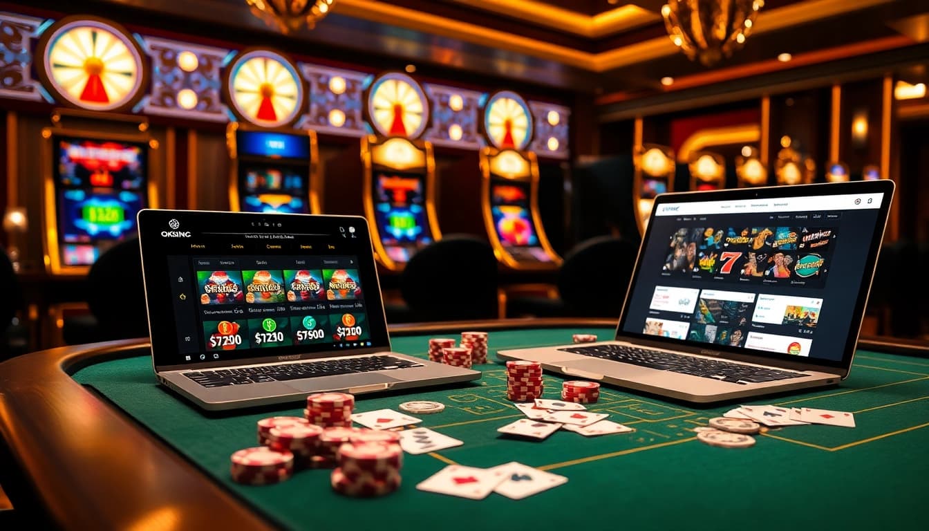 Truy cập OKKING while playing cards at a luxurious casino table filled with chips.