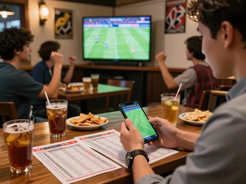 Engaging scene where a user places kèo bóng đá hôm nay bets on his smartphone surrounded by friends, drinks, and a live football game.