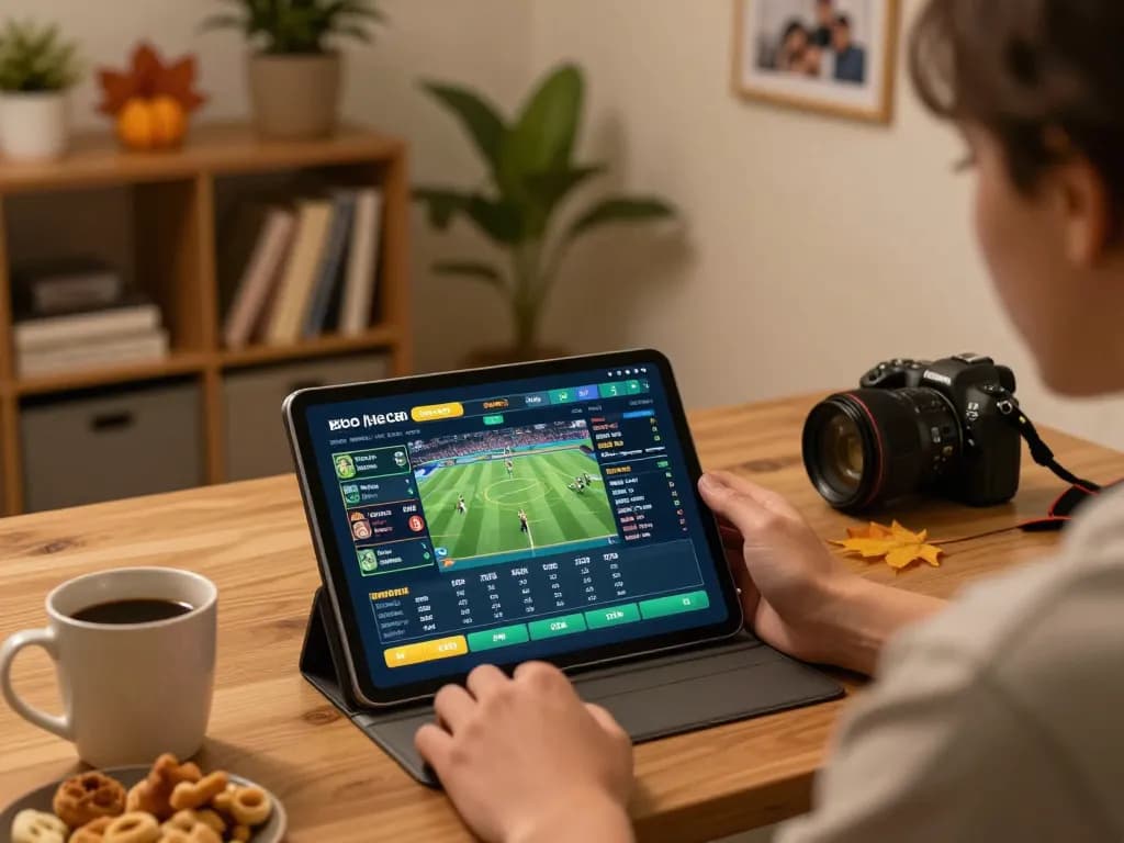 Engaging in sports betting using keo nha cai odds at home with a tablet, focused and relaxed atmosphere.
