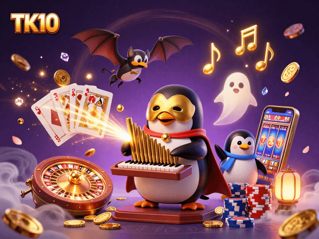 Experience winning thrills with TK10 as the phantom opera penguin unleashes golden coins in a magical casino.