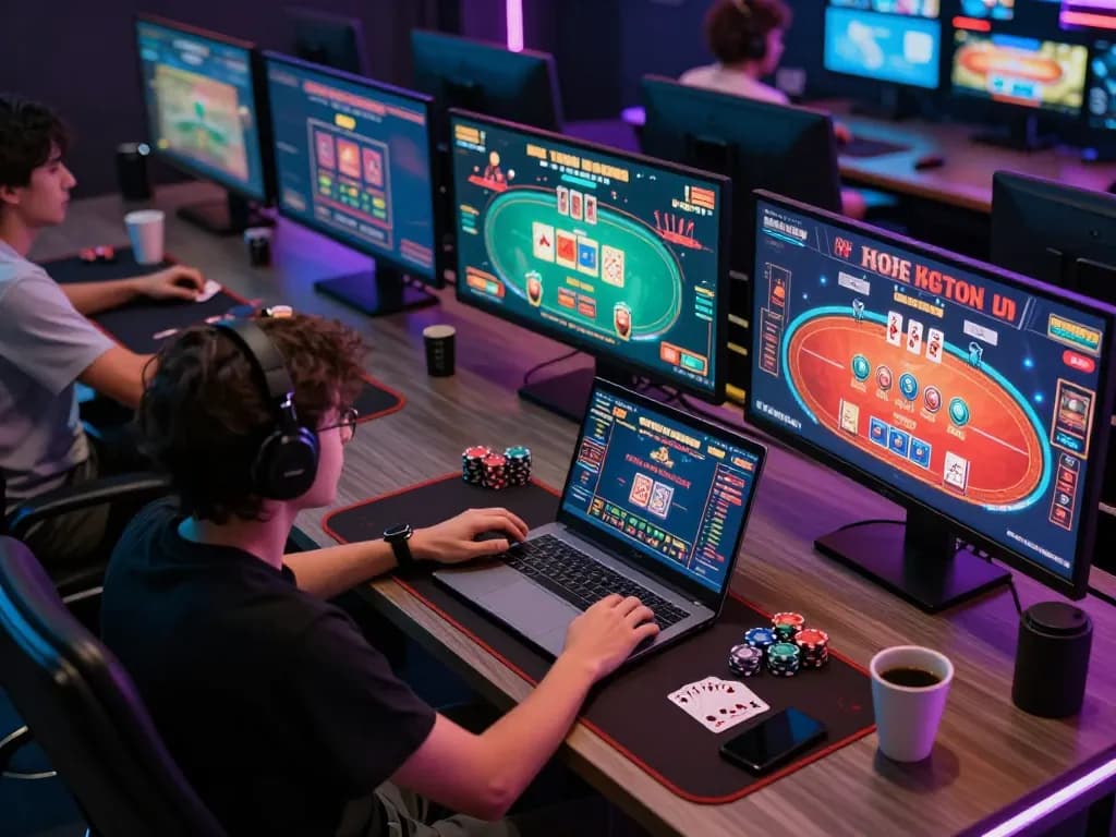 Engaging in IWIN online poker gaming on multiple screens with vibrant lighting and focused atmosphere