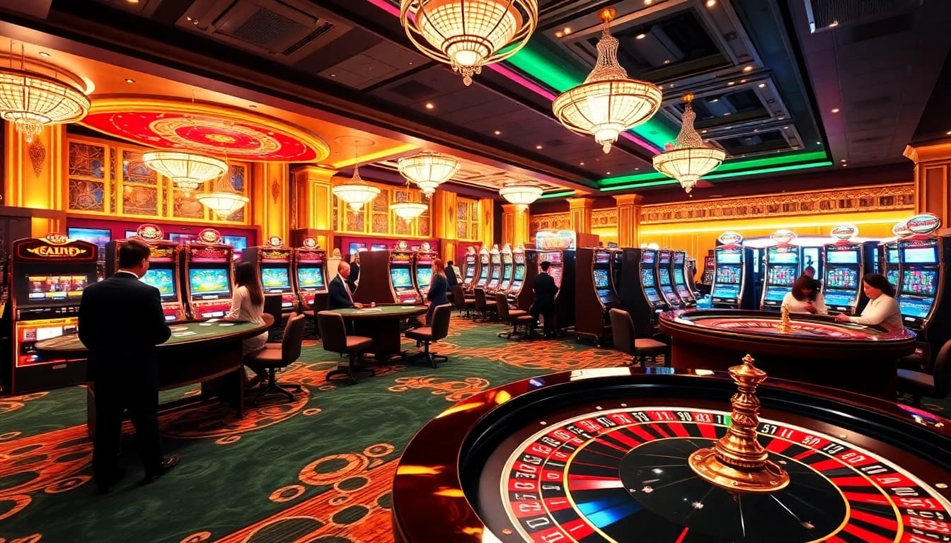 Engage in thrilling gaming action at https://rr88co.net/'s luxurious casino setting with roulette and slot machines.