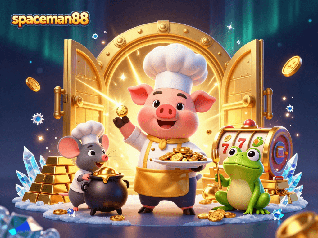 Spin and win with spaceman88 in this vibrant 3D casino scene featuring gold coins and slot reels.