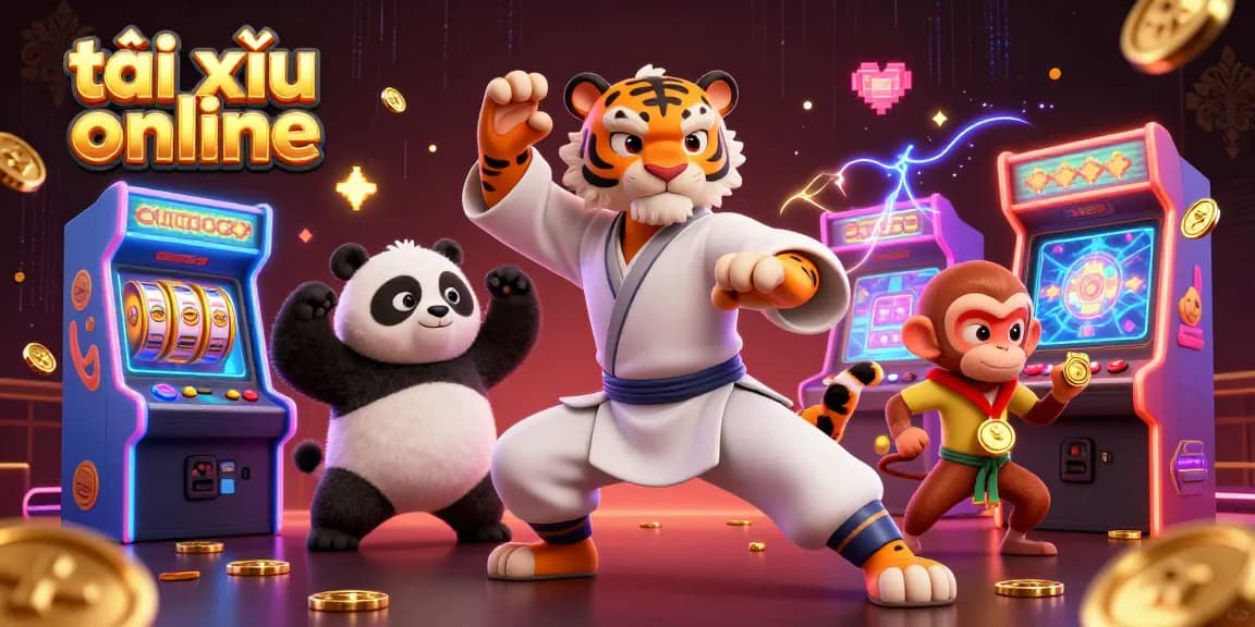 Engage in exciting tài xỉu online action with vibrant visuals of animated characters and slot game elements.