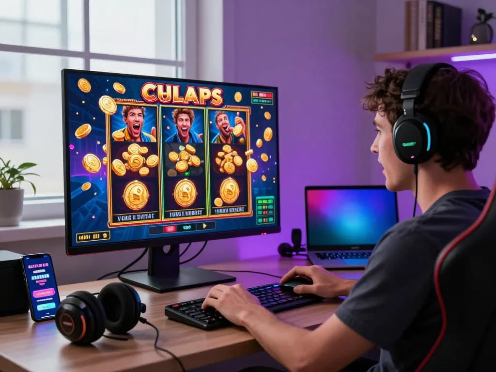 Engaging player celebrating wins at situs slot gacor game on HD monitor